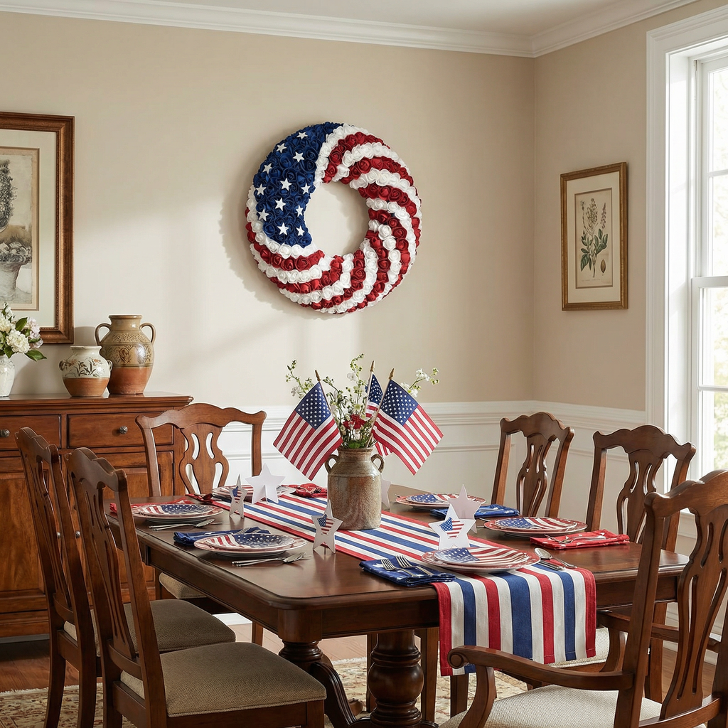 EGOLOT 18Inch Patriotic Roses Wreath 4th of July Summer Soft Touch Foam Roses Wreath for The Front Door Handcrafted Memorial Day Artificial Flowers for Indoor and Outdoor
