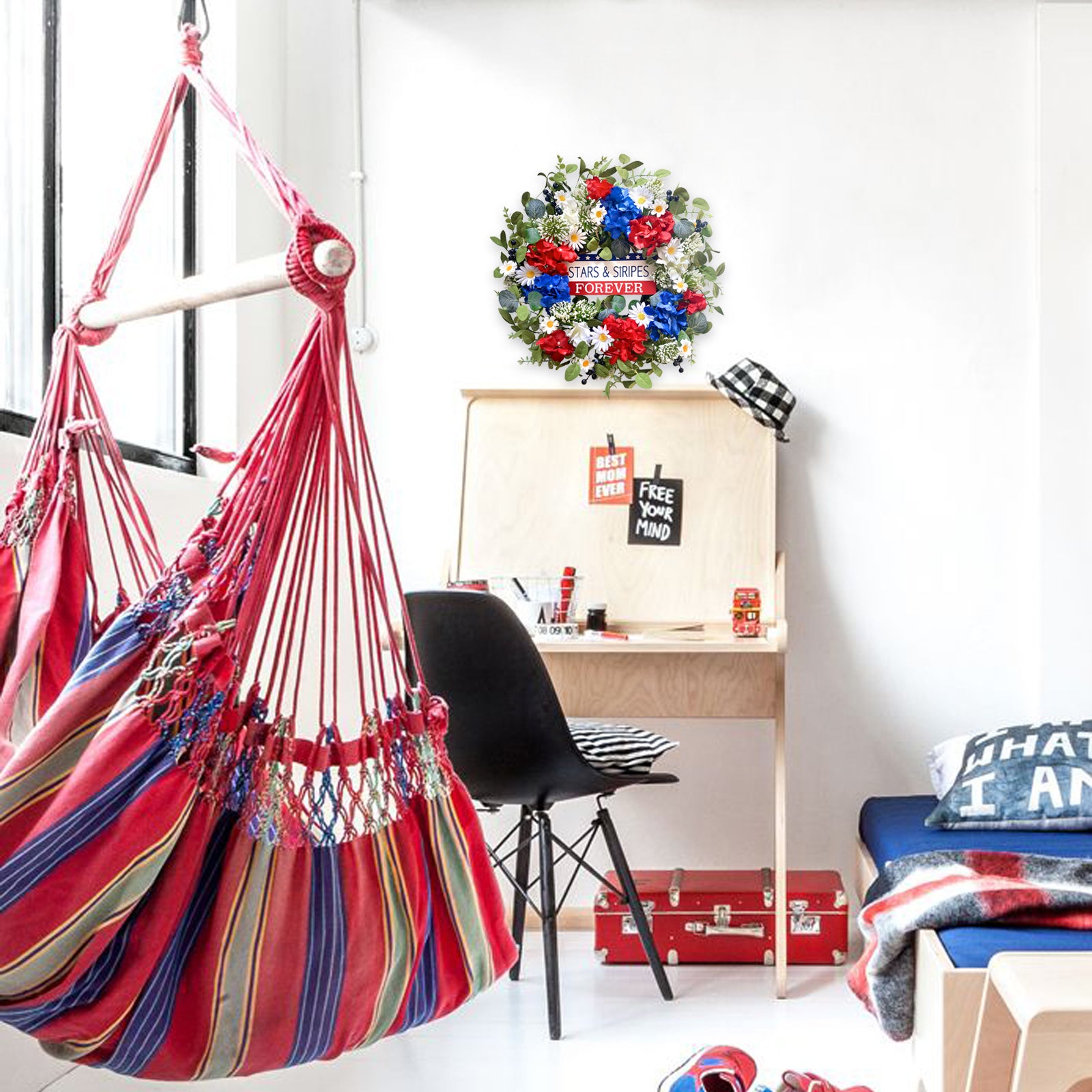 20 Inch Patriotic Red White Blue Flowers Wreath for Front Door, Forth of July Hydrangea Daisy Flower Wreath for Indoor and Outdoor, Memorial Day Independence Day Wreath