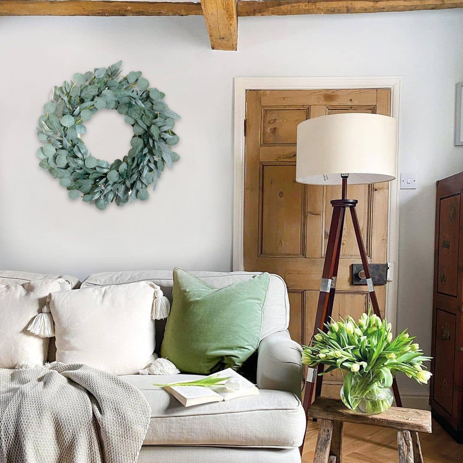 24 Inch Everyday Seeded Eucalyptus Leaves for Front Door, Dollar Eucalyptus Leaves for Wedding Decor Indoor and Outdoor Home Decor, Spring Summer Greenery Leaves Wreath for Wall