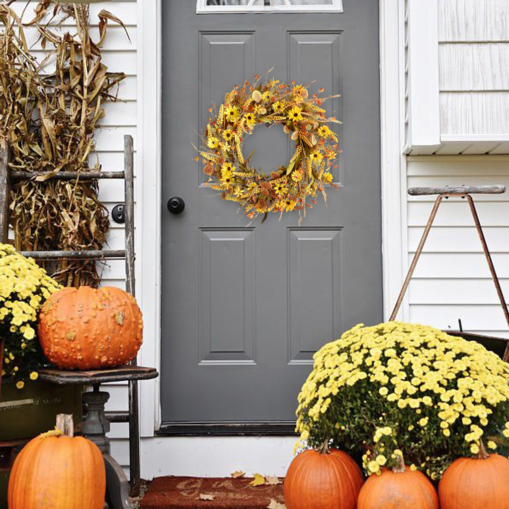 24Inch Fall Yellow Daisy Flower Eucalyptus Leaves Wreath for Front Door, Autumn Yellow Flower Wreath with Grain Picks and Wild Flowers for Indoor and Outdoor