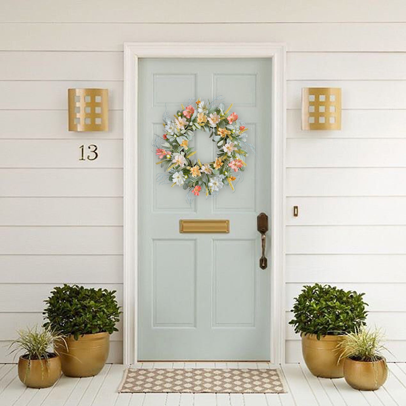 20 Inch Daisy Flowers Lamb Ears Leaves Wreath for Front Door, Summer Flower Wreath with Wheat for Indoor and Outdoor, Floral Wreath for Home Decor