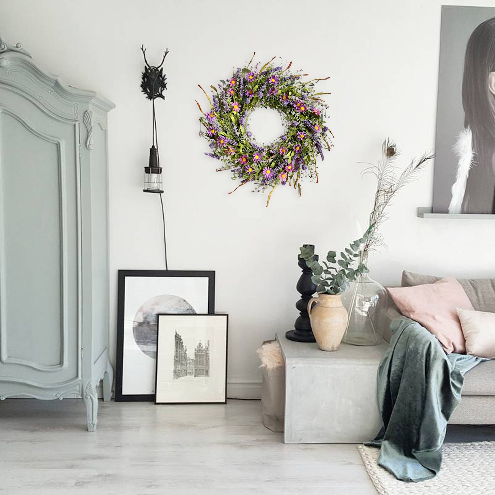 24 Inch Spring and Everyday Greenery Wild Flower Wreath for Front Door, Mixed Green Leaves and Flower Wreath for Indoor and Outdoor Use, Everyday Flower Wreath for Home Decor