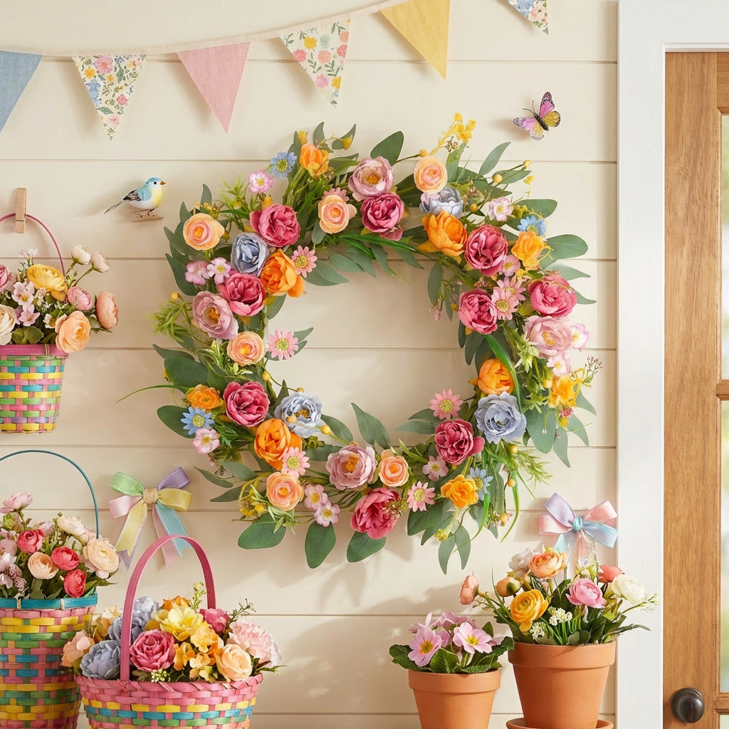 Egolot 22 Inch Spring Summer Penoy Wreath for Front Door Colorful Wildflowers Floral Eucalyptus Wreath for Indoor Outdoor All Seasons Everyday Wreaths for Front Door Outside