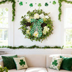 EGOLOT St Patrick's Day Wreath 22 Inch Handmade Wreath with White Flowers Green Leaves and Berries Festive St Patrick's Day Decoration Front Door Hanging Wreath Home Party Holiday Decor Handcrafted Floral Wreath