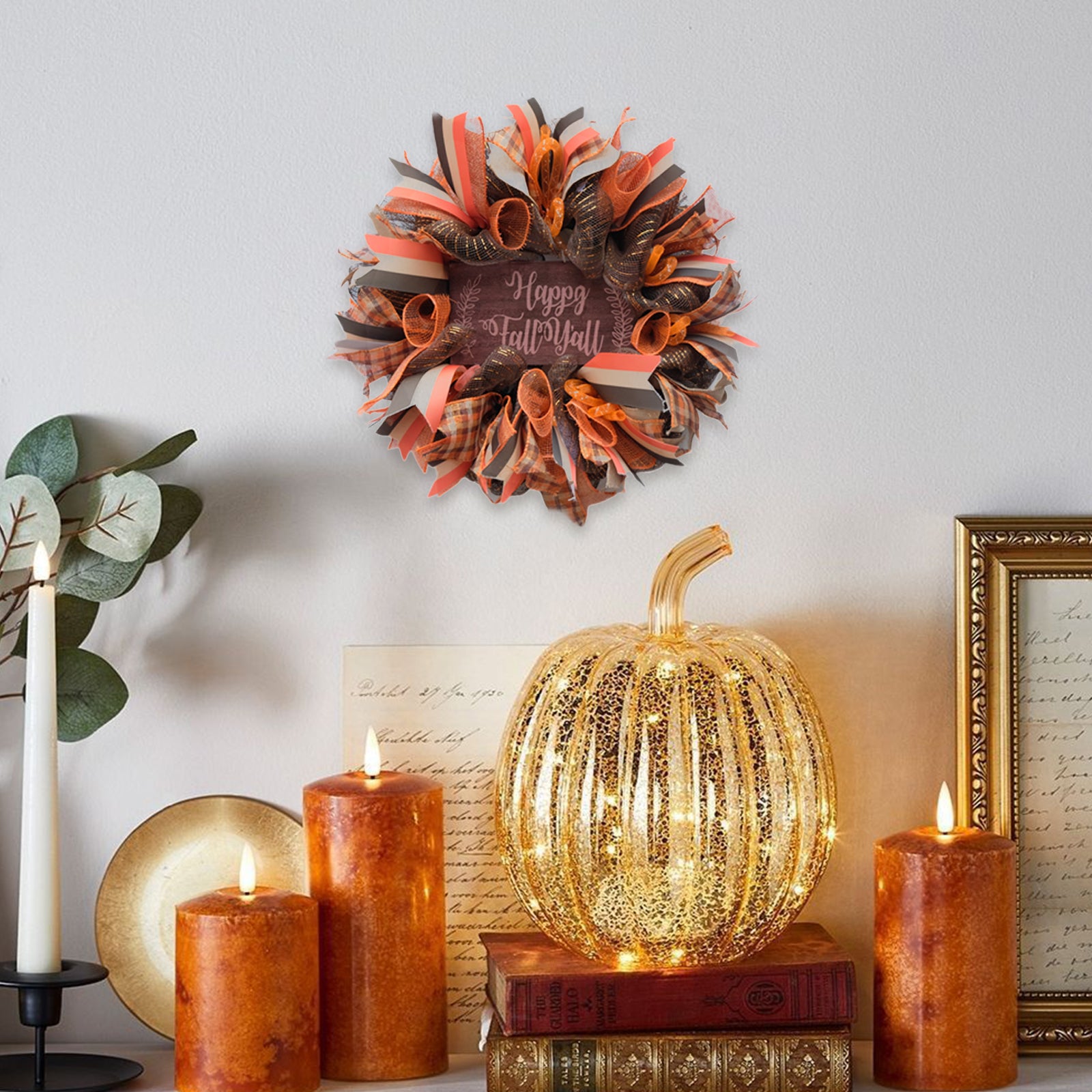 16 Inch Fall Mesh Deco Wreath for Front Door, Happy Fall Wood Sign Ribbon Wreath for Indoor and Outdoor Use, Harvest and Thanksgiving Day Orange Wreath for Home Decor