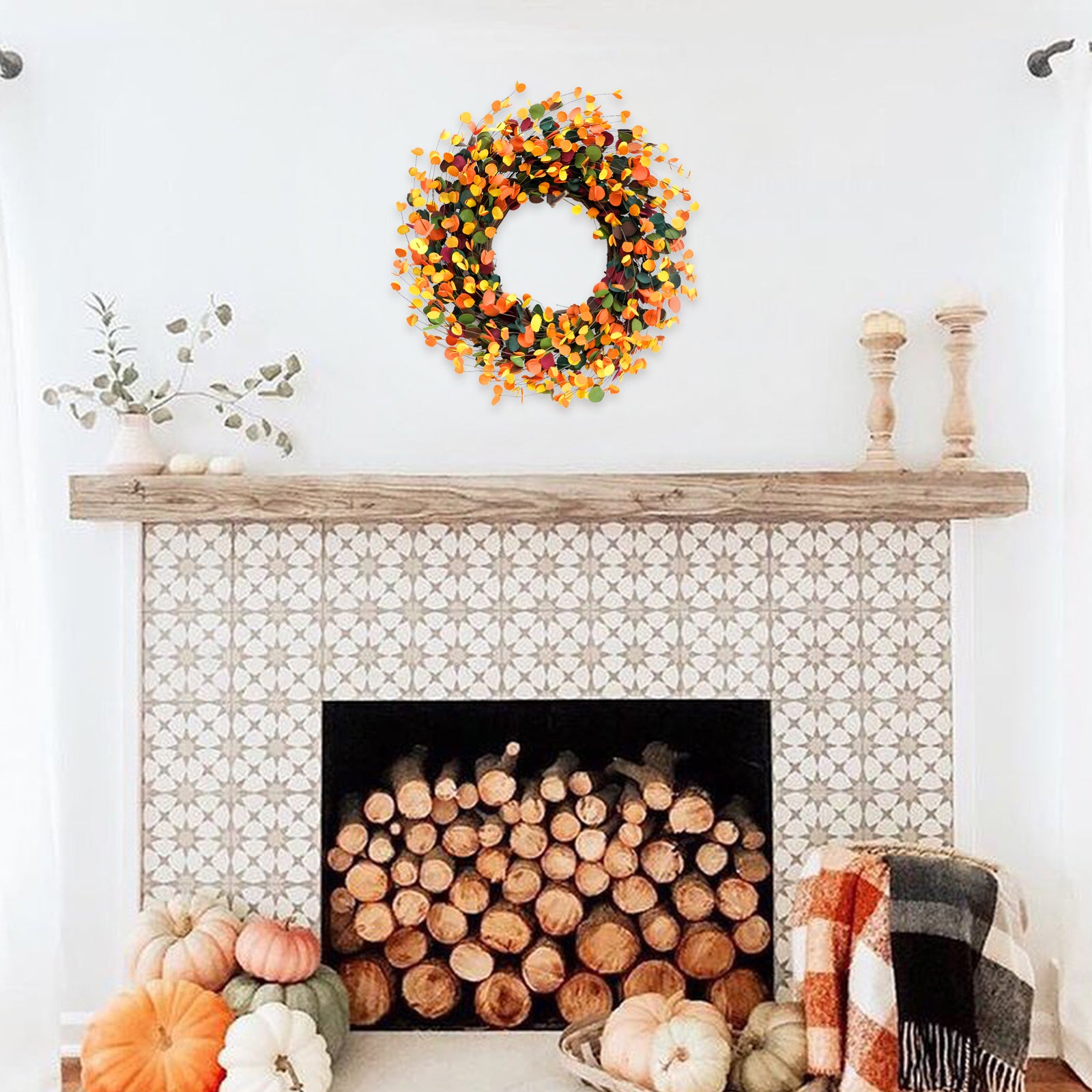 Egolot 24 Inch Fall Yellow Orange Green Color Boxwood Leaves Wreath for Front Door, Autumn Wreath for Harvest Thanksgiving Day Festival Front Door Inside and Outside, Natural Grapevine Fall Wreath