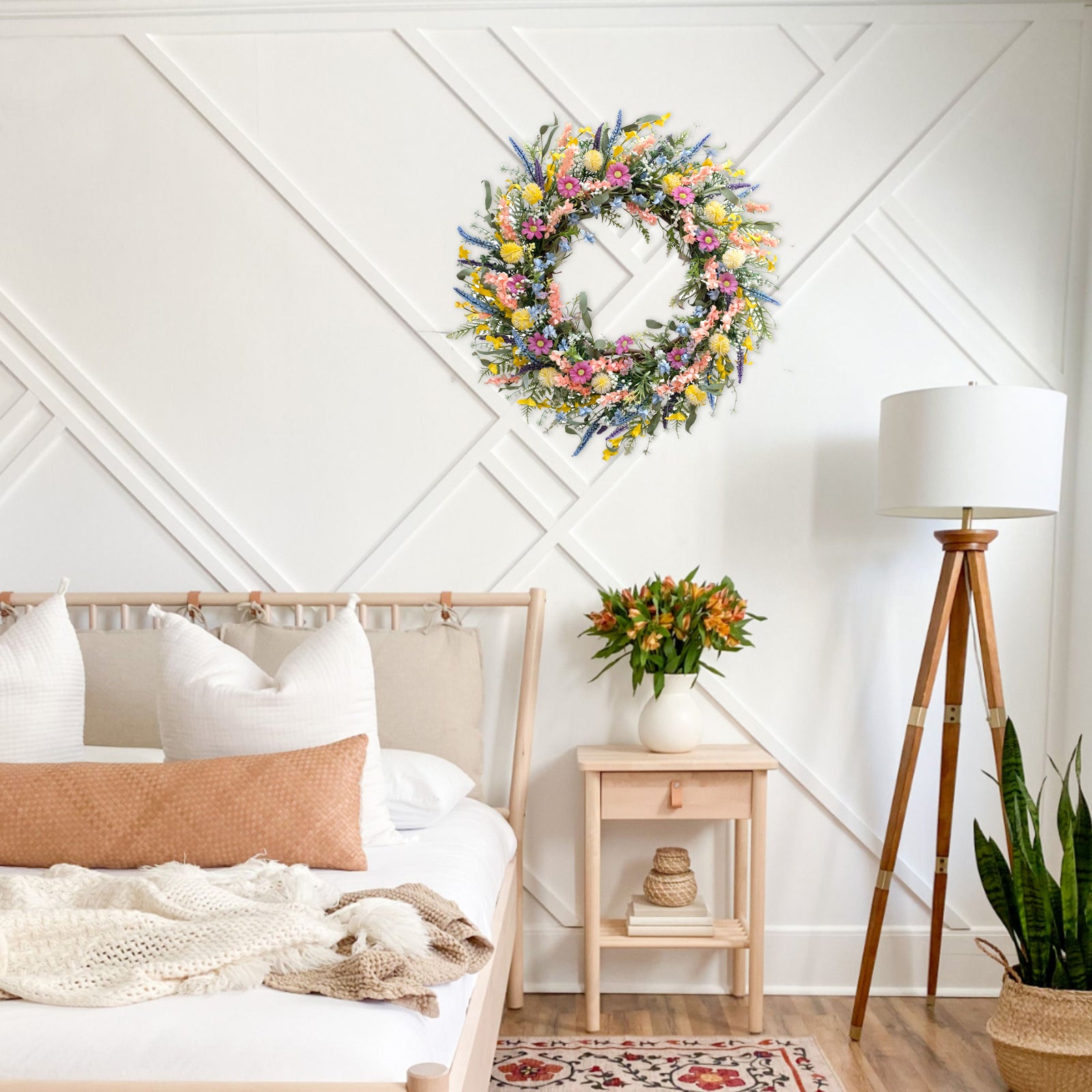 24 Inch Spring Summer Colorful Flower Wreath for Front Door, Forsythia Lavender Wild Flowers Wreath for Home Decor, Colorful Wild Flowers with Green Leaves Wreath for Everyday