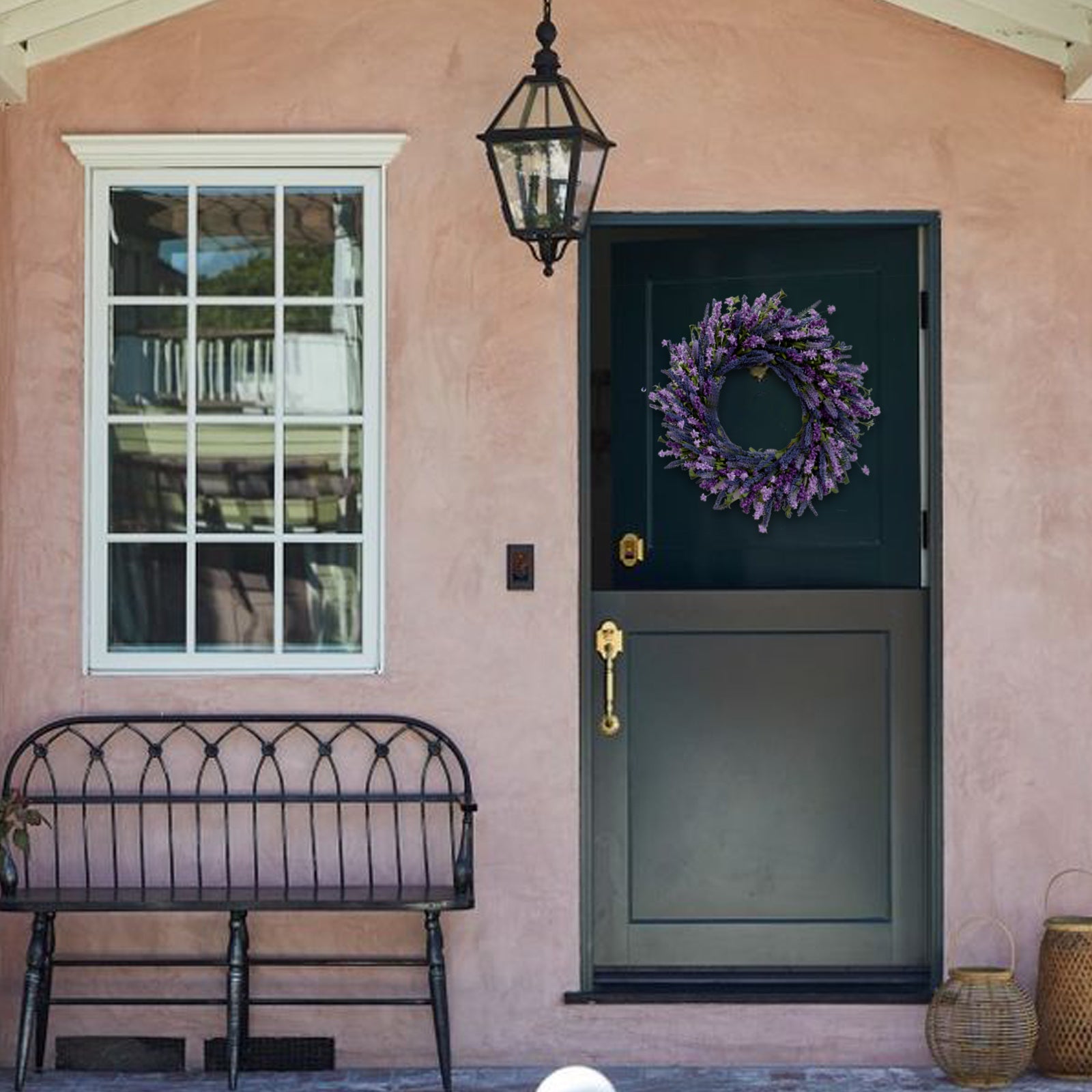 24 Inch Purple Lavender Flower Wreath for Front Door, Spring Summer Forsythia Lavender Flowers Wreath for Indoor and Outdoor Decor, Rustic and Farmhouse Purple Wreath for Home