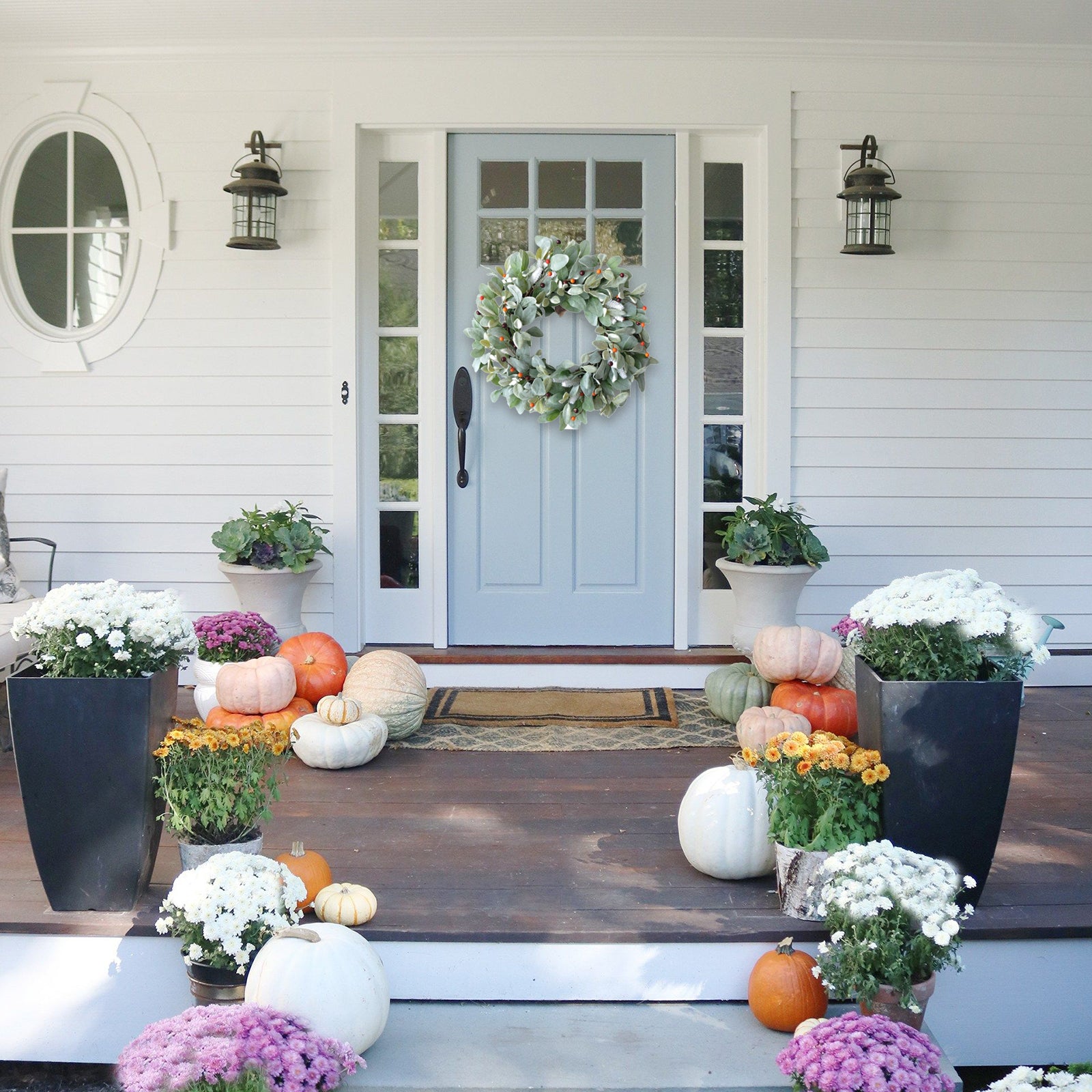 20 Inch Green Lamb Ear Leaves Wreath with Cute Orange Pip Berries for Front Door, All The Year Round and Fall Leaves Wreath for Indoor and Outdoor