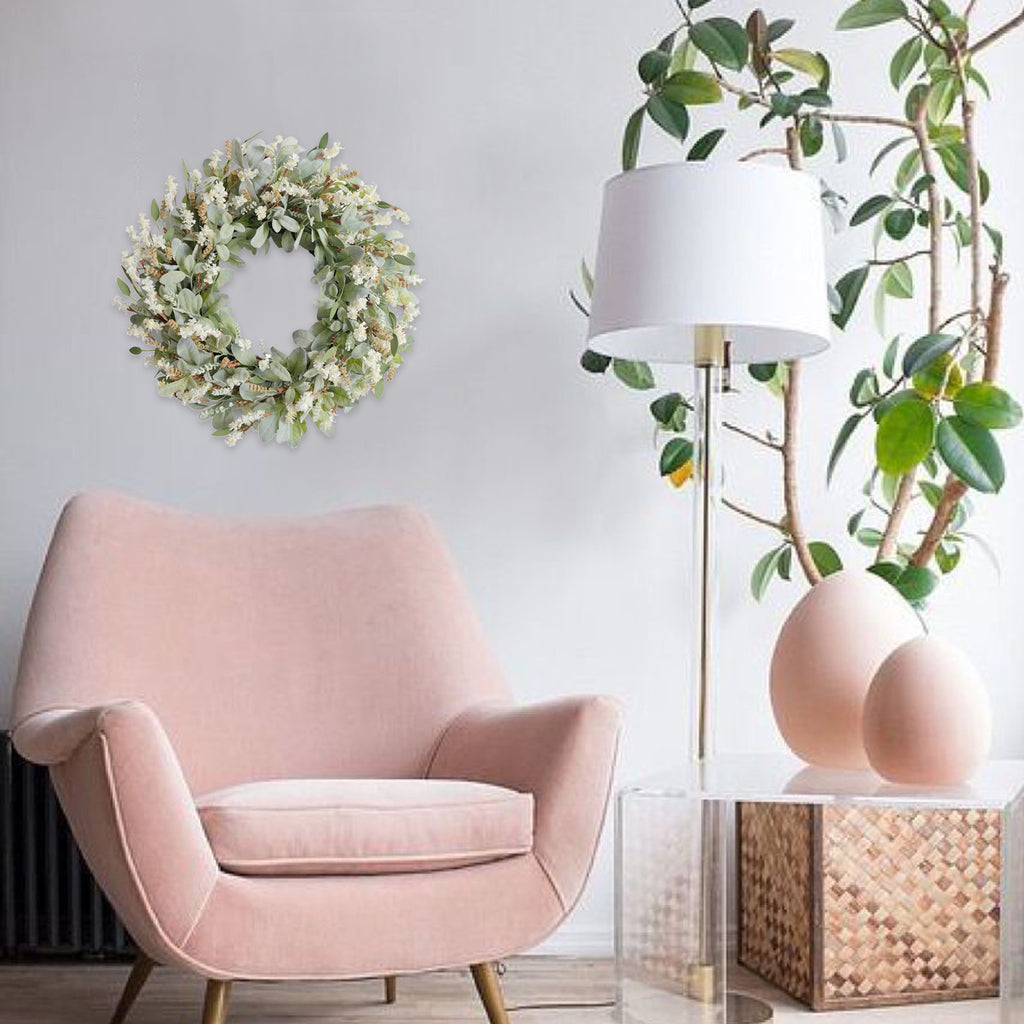 24 Inch Summer Spring Ivory Flowers Wreath for Front Door, Everyday Lamb Ears Leaves Wreath with White Artificial Flower for Indoor and Outdoor, Rustic and Farmhouse Greenery Flower Wreath