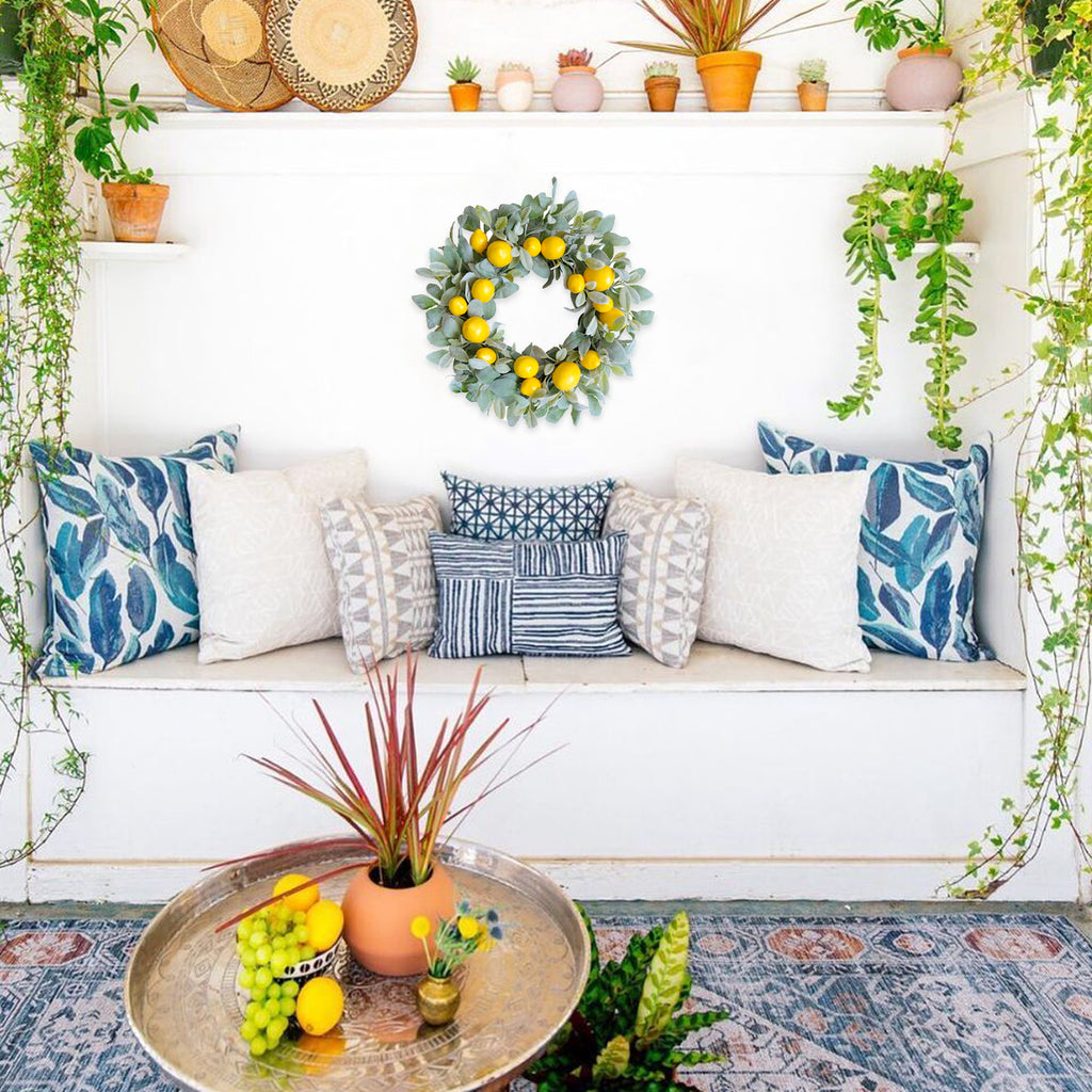 22 Inch Yellow Lemon Spring Summer Wreath for Front Door, Lamb Ears Leaves with Artificial Lemon Door Wreath, Green Leaves Lemon Wreath for Indoor and Outdoor
