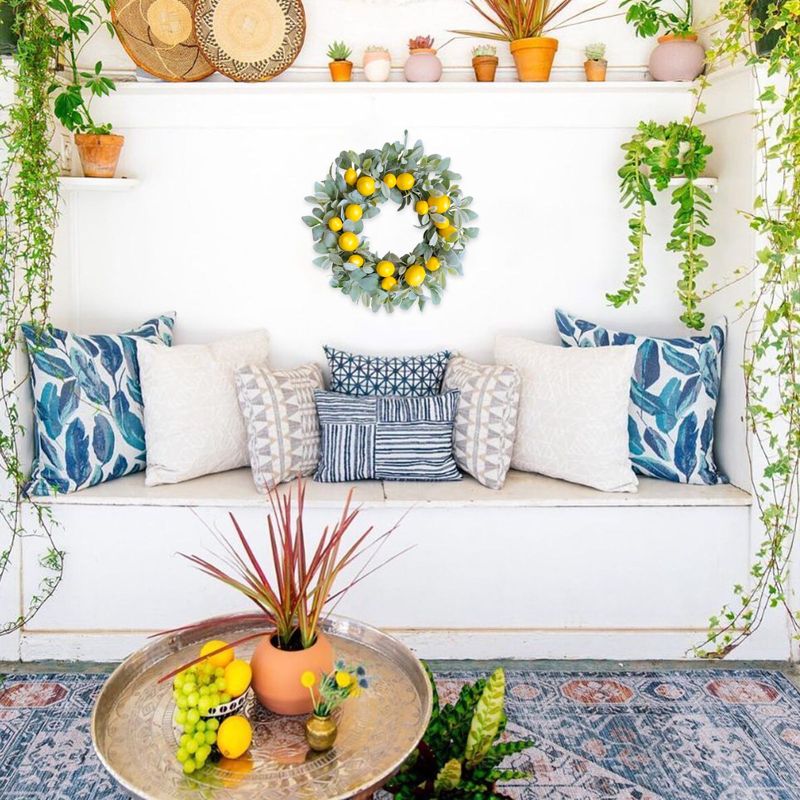 22 Inch Yellow Lemon Spring Summer Wreath for Front Door, Lamb Ears Leaves with Artificial Lemon Door Wreath, Green Leaves Lemon Wreath for Indoor and Outdoor