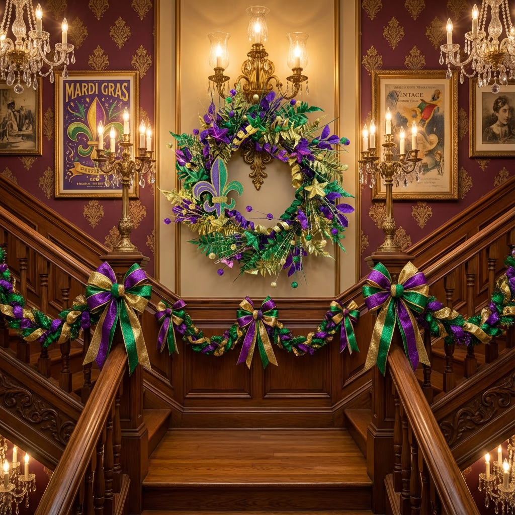 EGOLOT Mardi Gras Wreath Front Door Fireplace Decor Wooden Boards Gold Powder Embellishment Shiny Carnival Decoration Carnival Home Decor Festive Hanging Ornament Indoor Outdoor Glitter Wreath