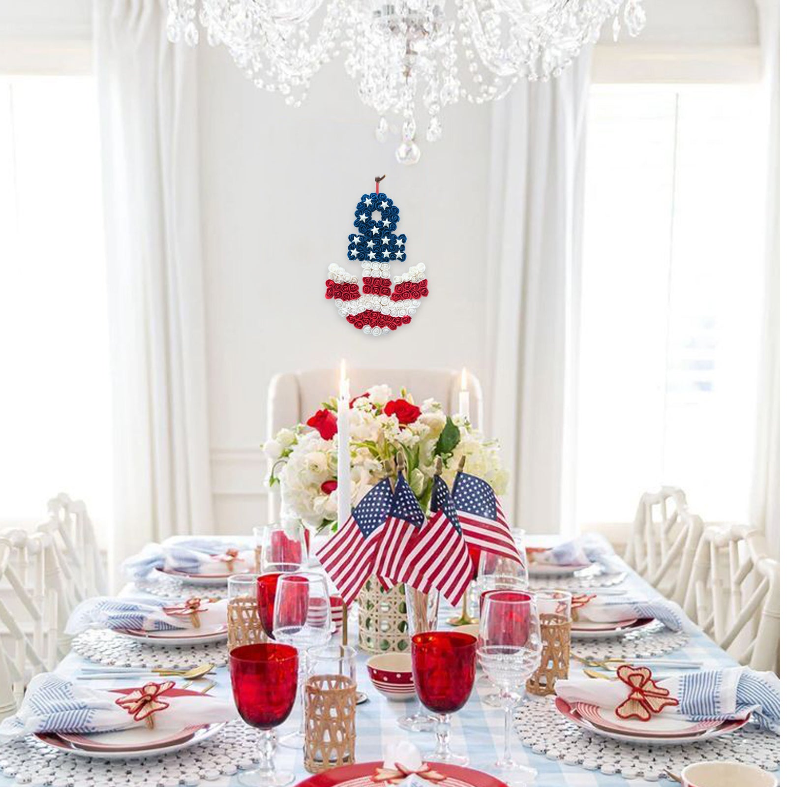 17 Inch Patriotic Red White Blue Anchor Soft Touch Roses Wreath for Front Door, Forth of July American Flag Color Soft Touch Floral Wreath for Indoor and Outdoor, Memorial Day Independence Day Wreath