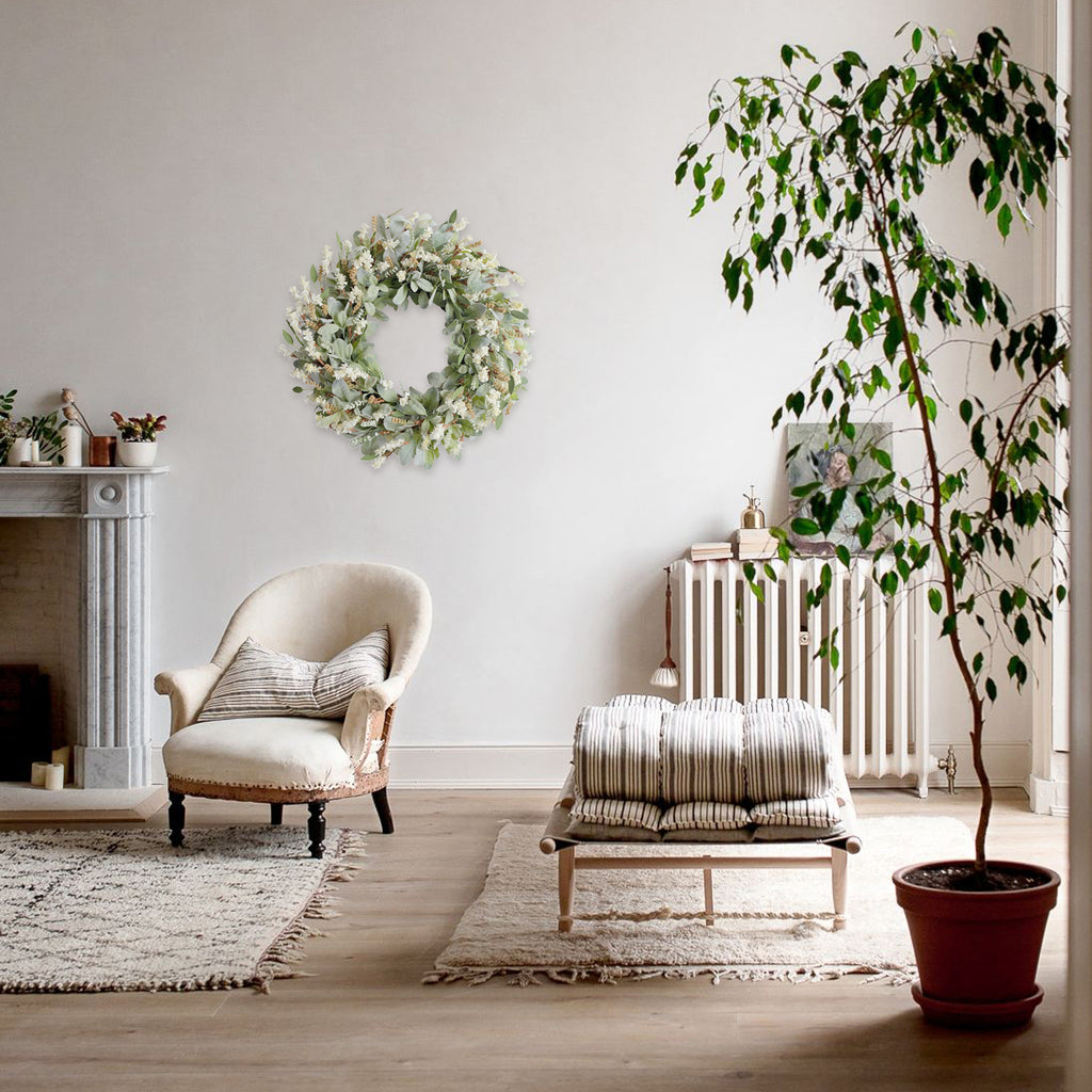 24 Inch Summer Spring Ivory Flowers Wreath for Front Door, Everyday Lamb Ears Leaves Wreath with White Artificial Flower for Indoor and Outdoor, Rustic and Farmhouse Greenery Flower Wreath