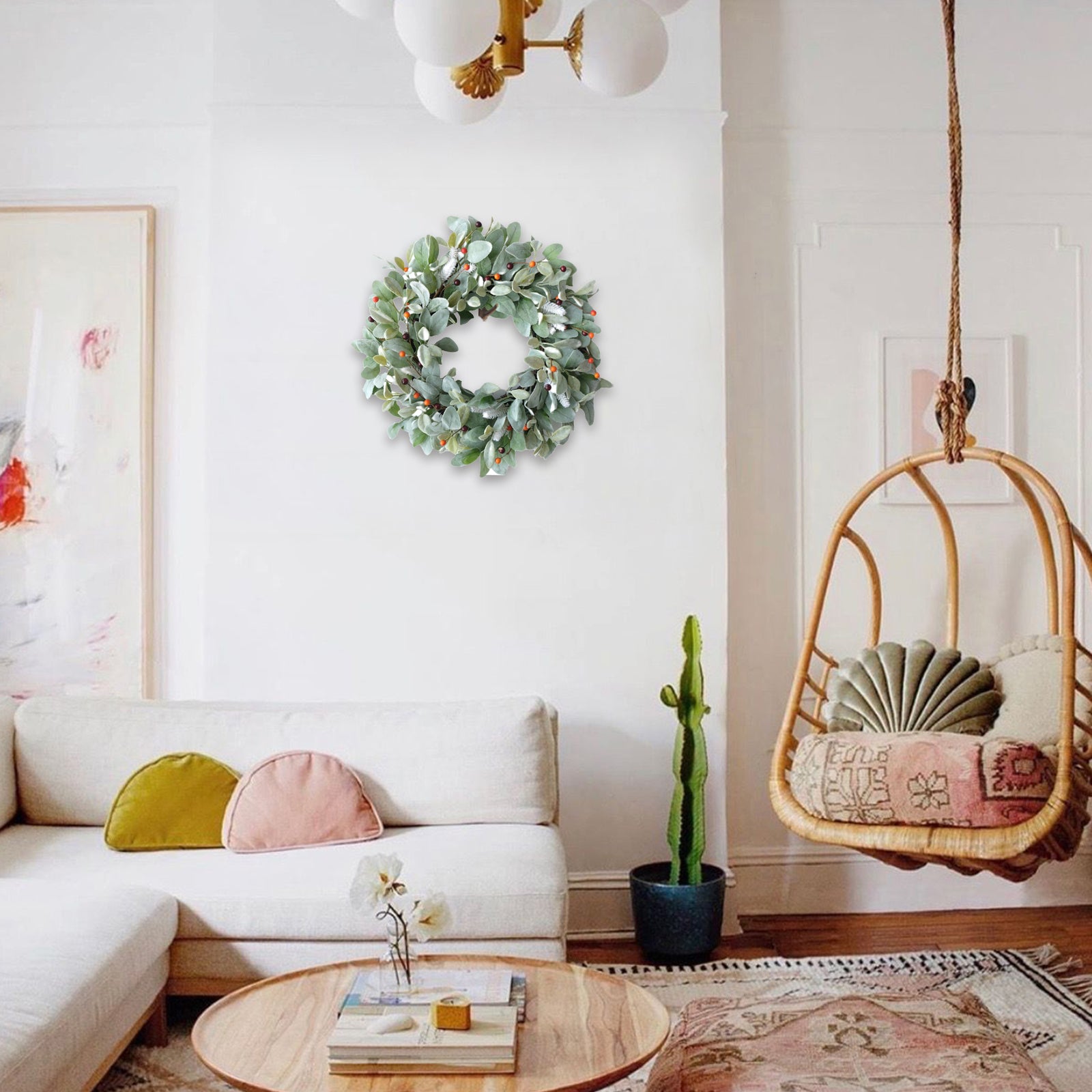 20 Inch Green Lamb Ear Leaves Wreath with Cute Orange Pip Berries for Front Door, All The Year Round and Fall Leaves Wreath for Indoor and Outdoor