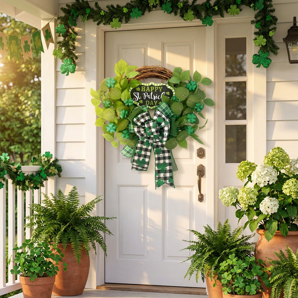 Egolot St Patrick's Day Green Bowknot Wreath 22 Inches Diameter Front Door Wall Hanging Home Decor Indoor Outdoor Festive Wooden Plaque Ornament St.Patrick’s  Decoration