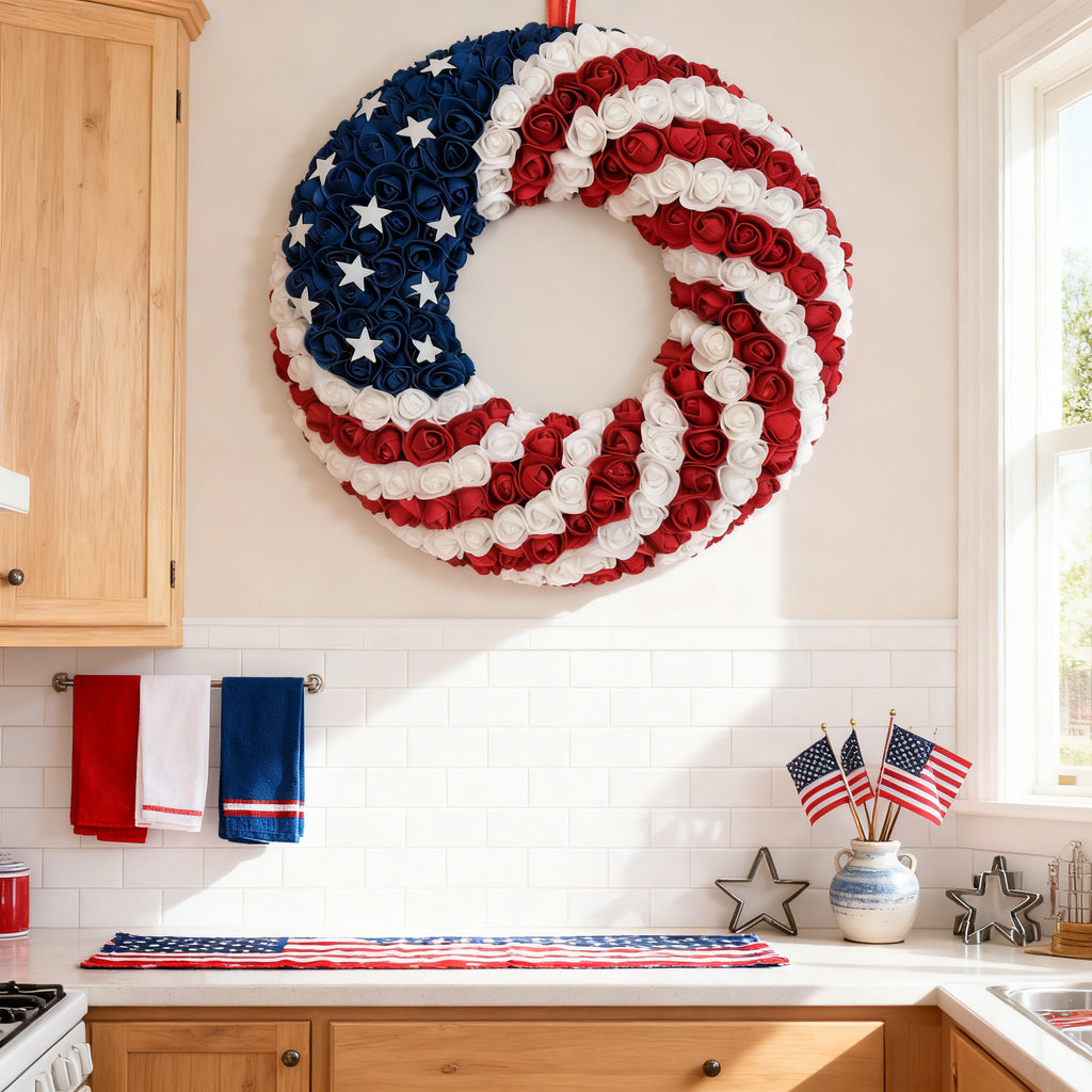 EGOLOT 18Inch Patriotic Roses Wreath 4th of July Summer Soft Touch Foam Roses Wreath for The Front Door Handcrafted Memorial Day Artificial Flowers for Indoor and Outdoor