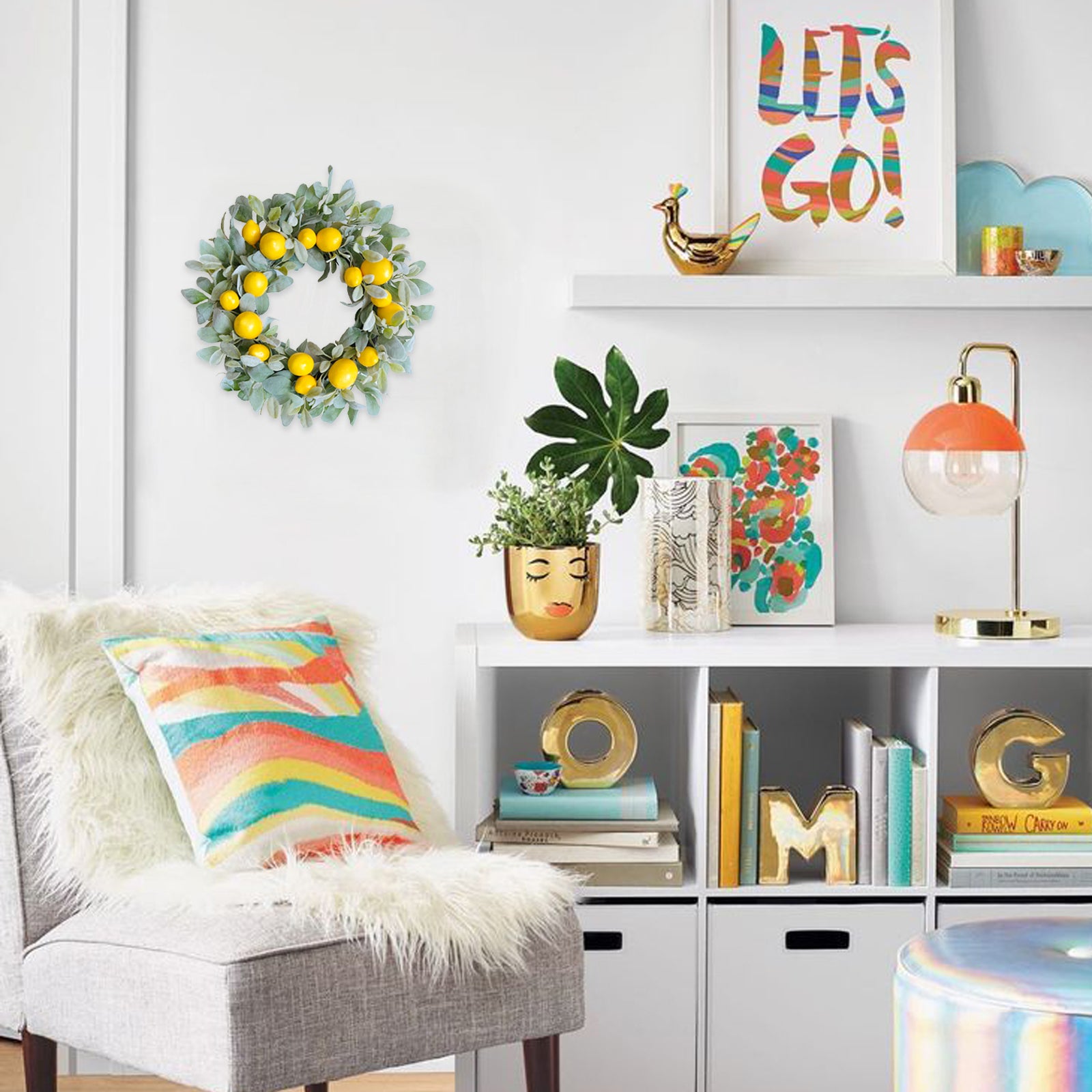 22 Inch Yellow Lemon Spring Summer Wreath for Front Door, Lamb Ears Leaves with Artificial Lemon Door Wreath, Green Leaves Lemon Wreath for Indoor and Outdoor