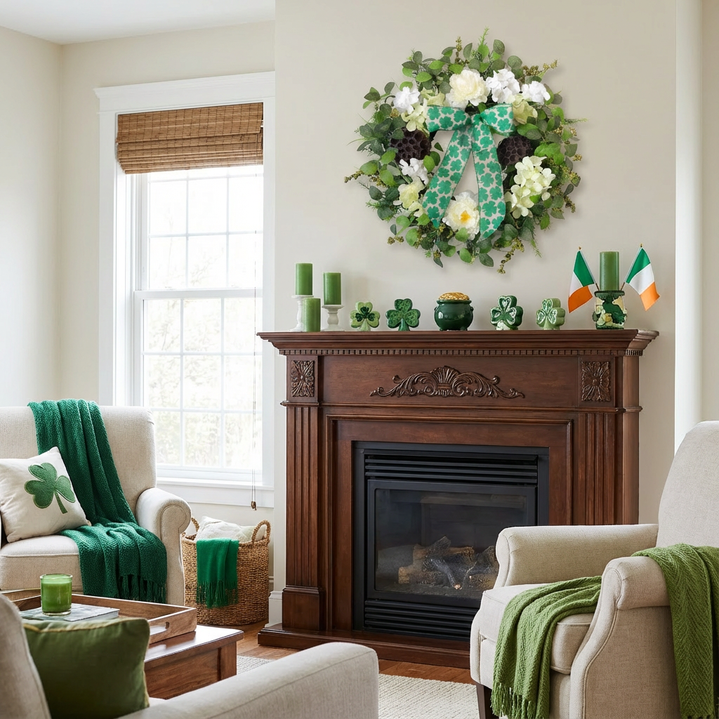 EGOLOT St Patrick's Day Wreath 22 Inch Handmade Wreath with White Flowers Green Leaves and Berries Festive St Patrick's Day Decoration Front Door Hanging Wreath Home Party Holiday Decor Handcrafted Floral Wreath