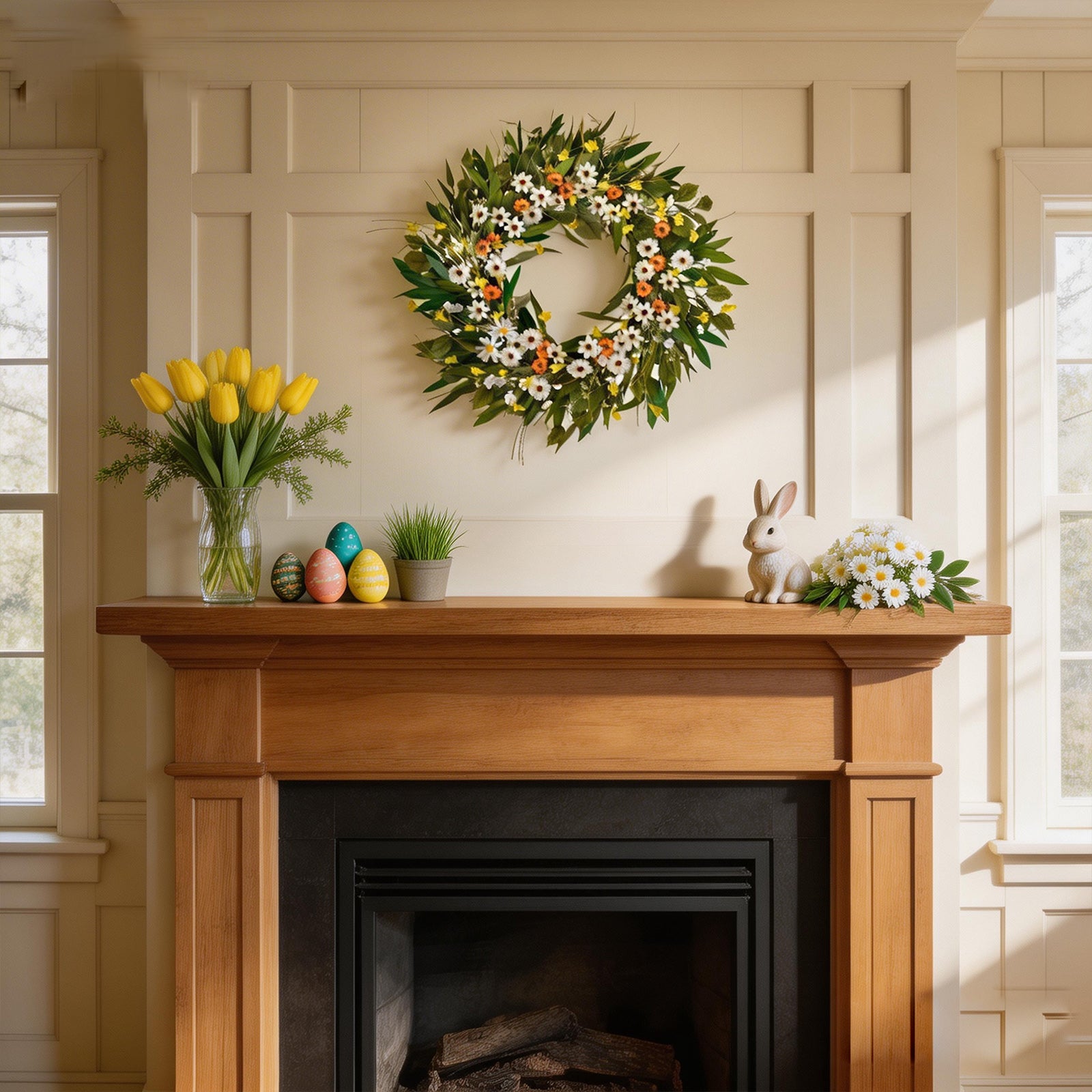 Egolot 24 Inch Greenery Wreath Eucalyptus Olive Leaves All Year Round Front Door Wall Home Decor with Vibrant Spring & Summer Floral Accents