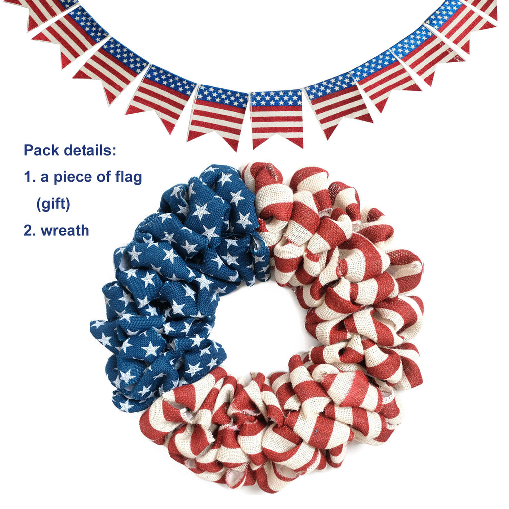 Egolot 20Inch Patriotic Burlap Wreath 4th of July Memorial Day Handcrafted Stripe and Stars American Flag Printed Summer Front Door Home Decoration Indoor Outdoor