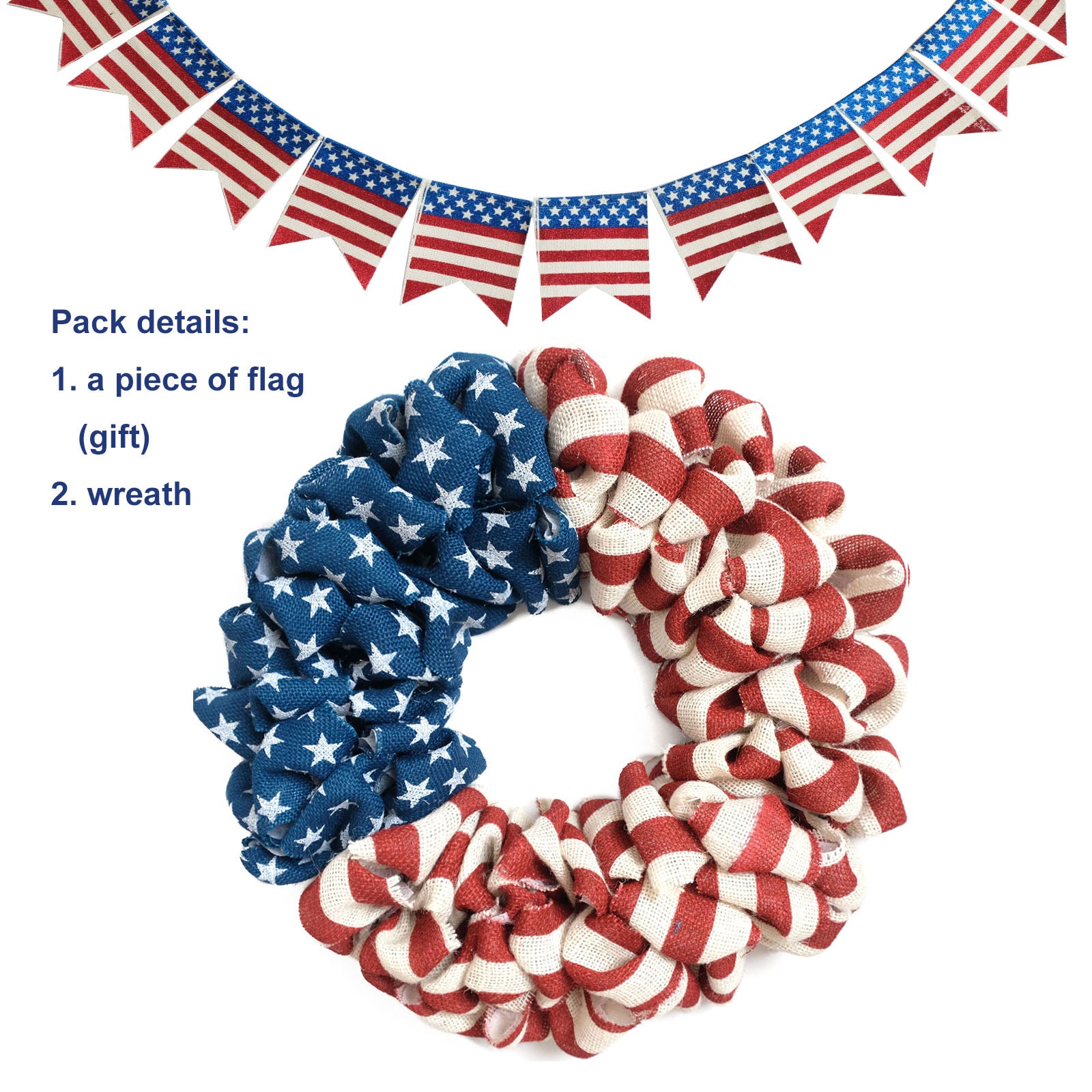 Egolot 20Inch Patriotic Burlap Wreath 4th of July Memorial Day Handcrafted Stripe and Stars American Flag Printed Summer Front Door Home Decoration Indoor Outdoor