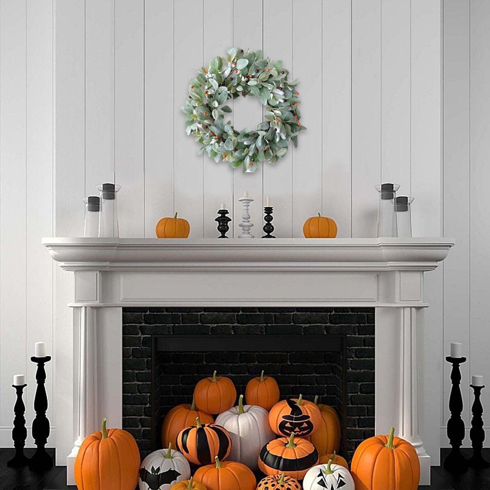 20 Inch Green Lamb Ear Leaves Wreath with Cute Orange Pip Berries for Front Door, All The Year Round and Fall Leaves Wreath for Indoor and Outdoor