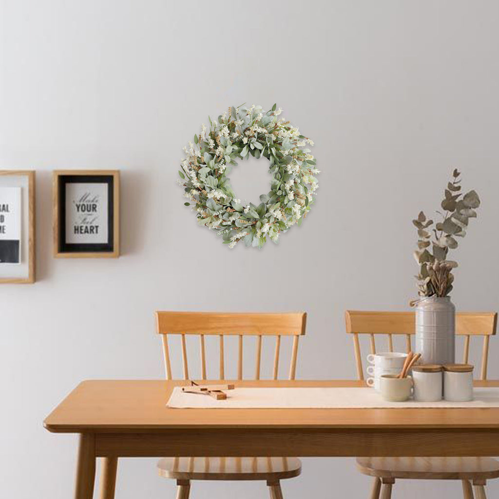 24 Inch Summer Spring Ivory Flowers Wreath for Front Door, Everyday Lamb Ears Leaves Wreath with White Artificial Flower for Indoor and Outdoor, Rustic and Farmhouse Greenery Flower Wreath