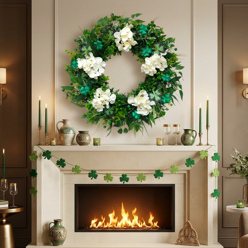 St Patrick's Day Hydrangea Wreath with Shamrock Accents Green Leaves for Front Door Indoor Outdoor Decor Festive Irish Holiday Wreath for St Patrick's Day Celebrations