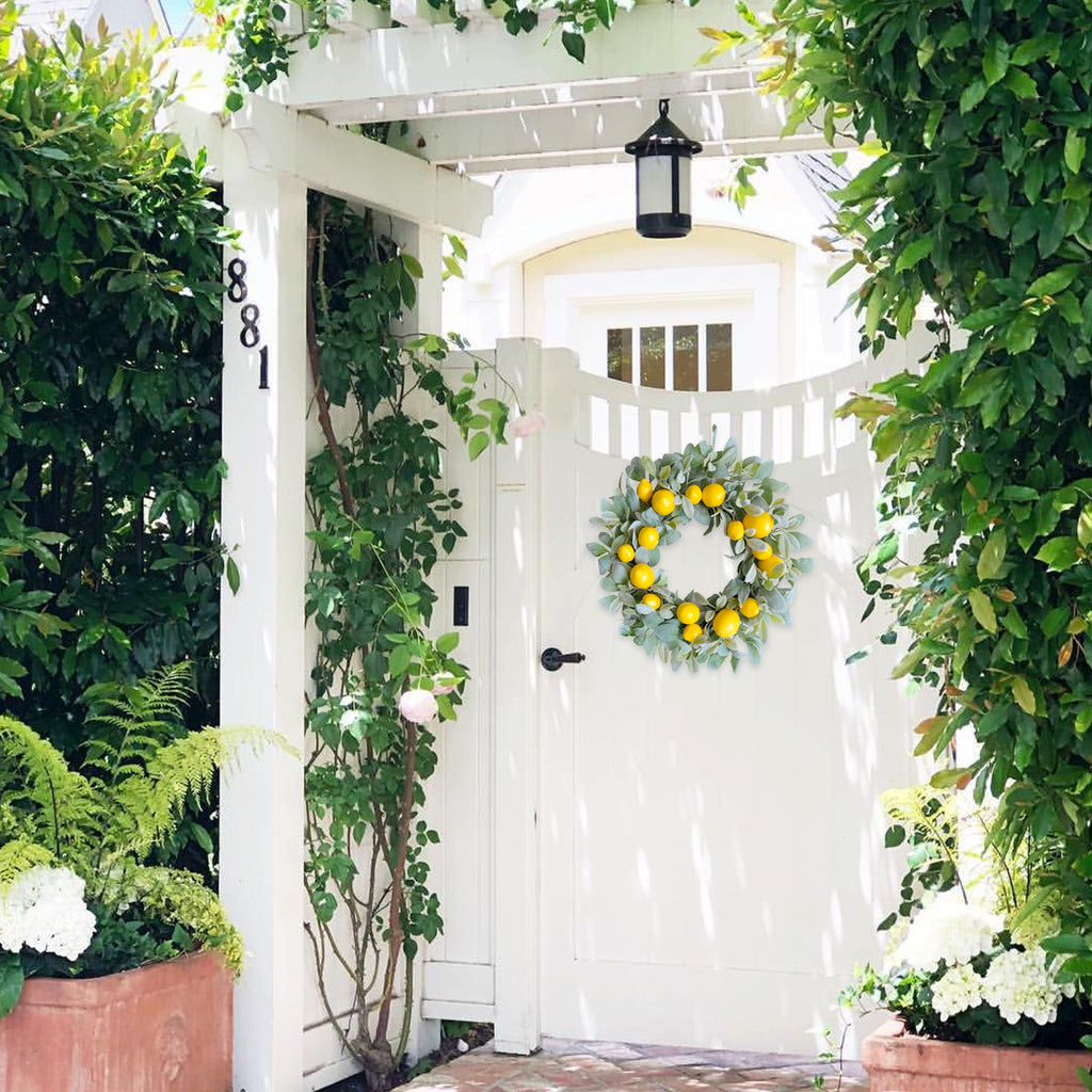 22 Inch Yellow Lemon Spring Summer Wreath for Front Door, Lamb Ears Leaves with Artificial Lemon Door Wreath, Green Leaves Lemon Wreath for Indoor and Outdoor