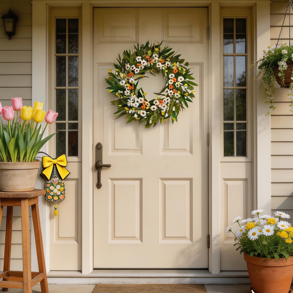 Egolot 24 Inch Greenery Wreath Eucalyptus Olive Leaves All Year Round Front Door Wall Home Decor with Vibrant Spring & Summer Floral Accents