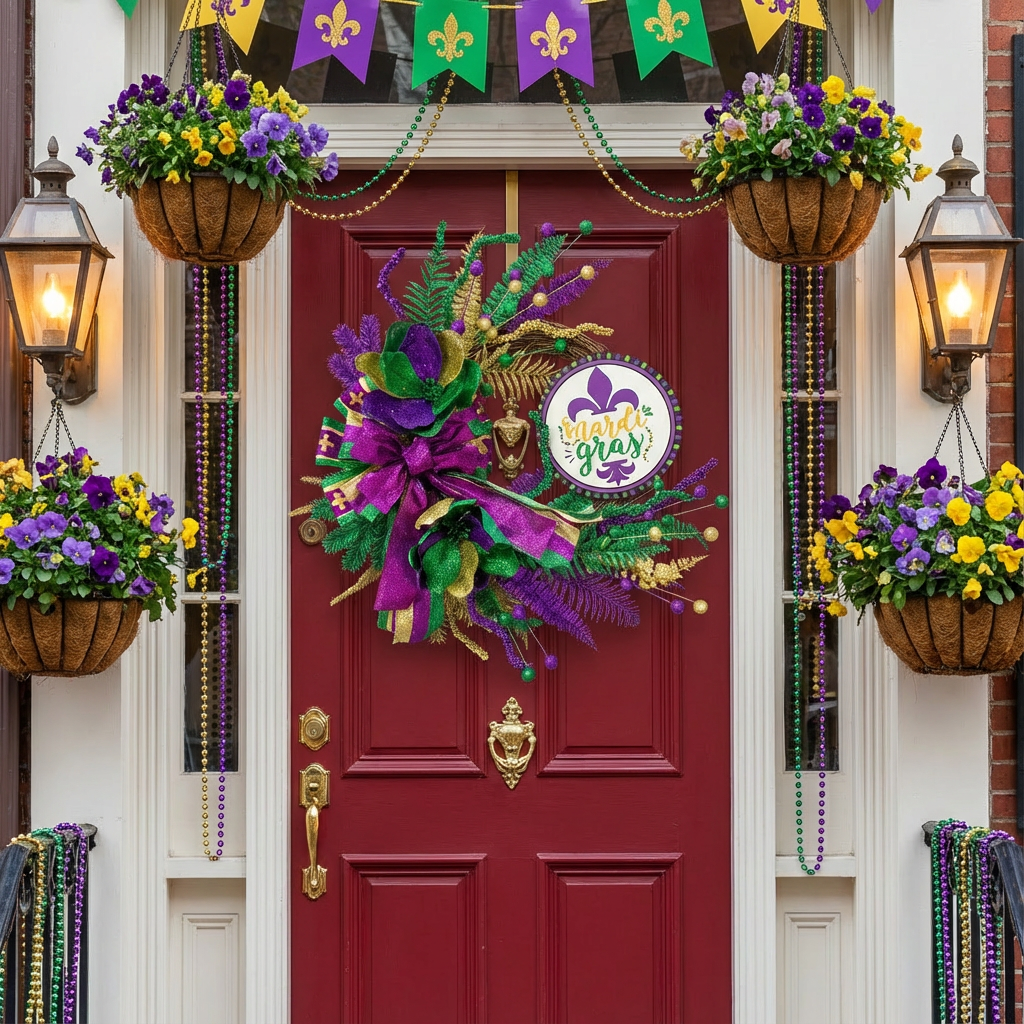 EGOLOT Mardi Gras Wreath Front Door Interior Decor Large Bows Round Wooden Board Carnival Home Decoration Festival Hanging Ornament Indoor Outdoor Decorative Wreath Carnival Party Decor Festive Door Hanging Wreath