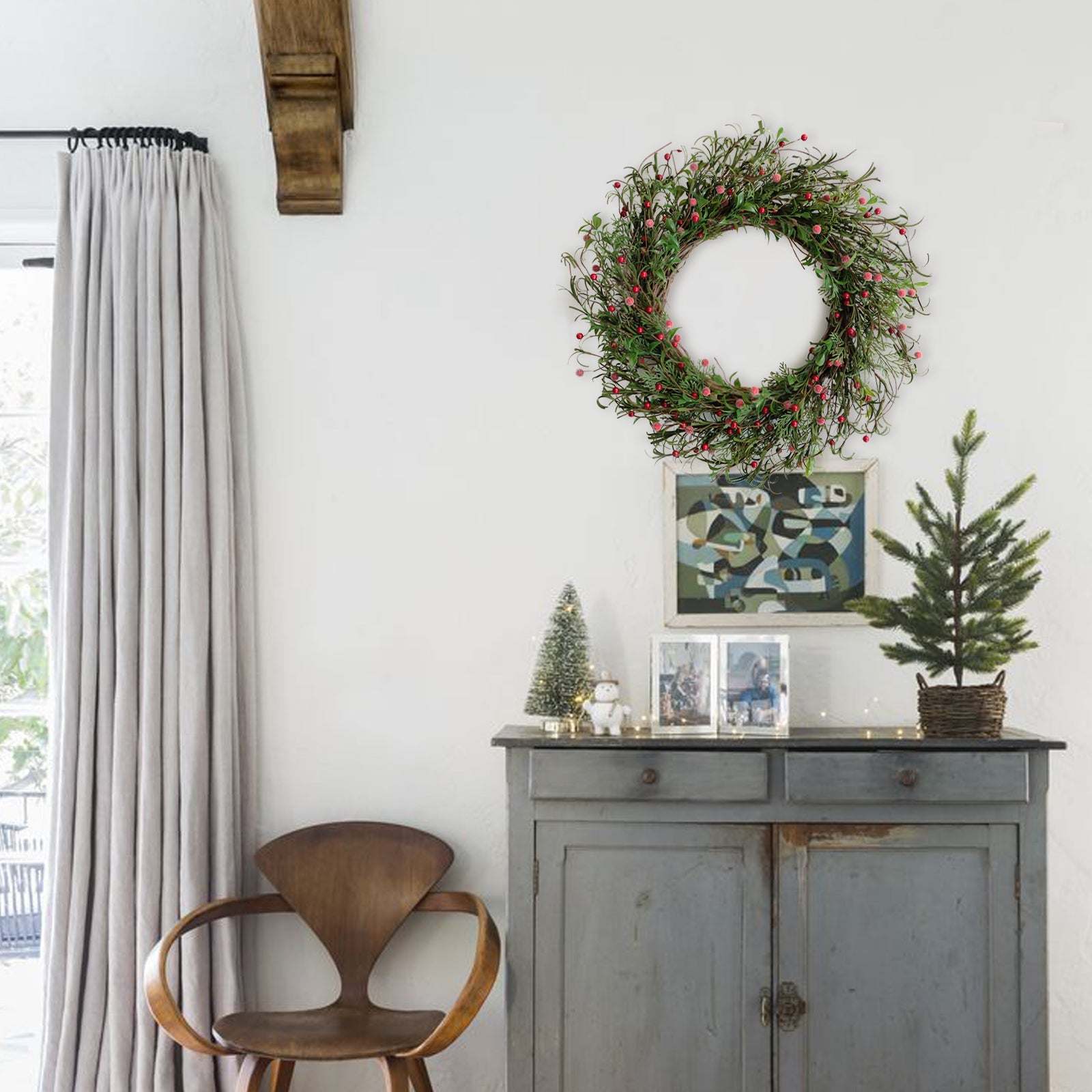 Egolot 24 Inch Winter and Christmas Green and Red Berry Wreath for Front Door and Home Decor