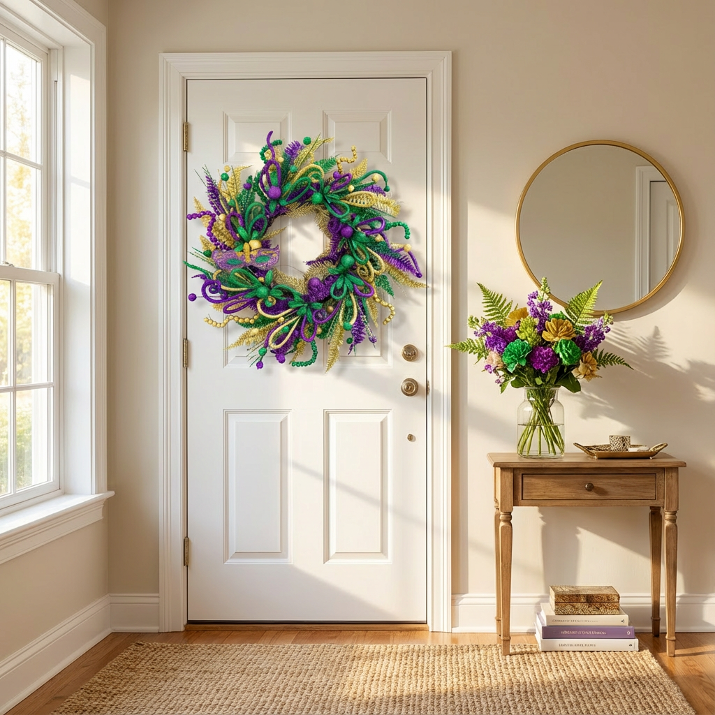 Mard Gras 22' Wreath Wooden Board Mask Decoration Ball Ornaments Carnival Indoor Decor Front Door Fireplace Decor Carnival Home Decor Festive Hanging Ornament Decorative Carnival Wreath Carnival Party Decor Indoor Outdoor Festival Wreath