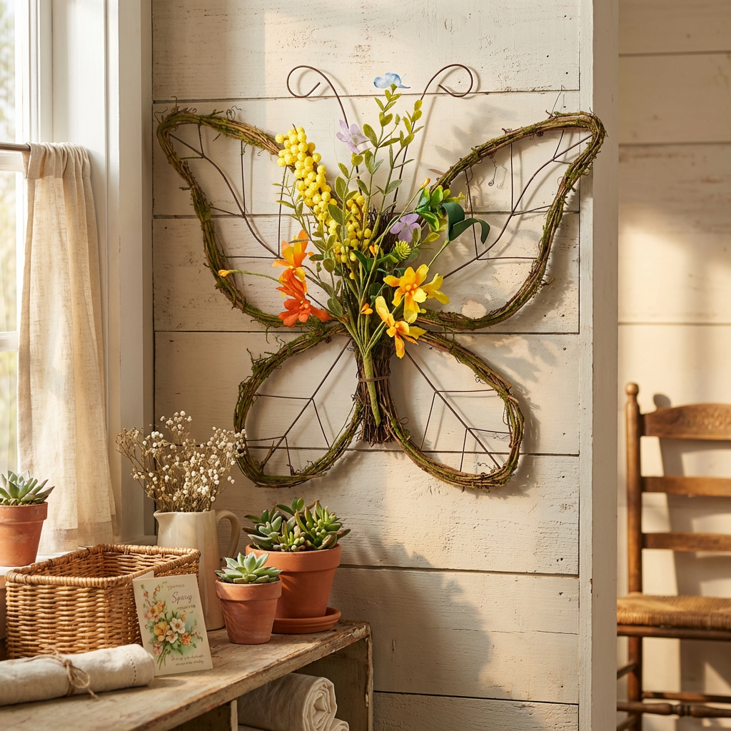 Handmade Butterfly Shaped Wreath with Pastel Berries & Floral Spring Artificial Wreaths for Front Door Decor 16.5x13.4x3.2 inches