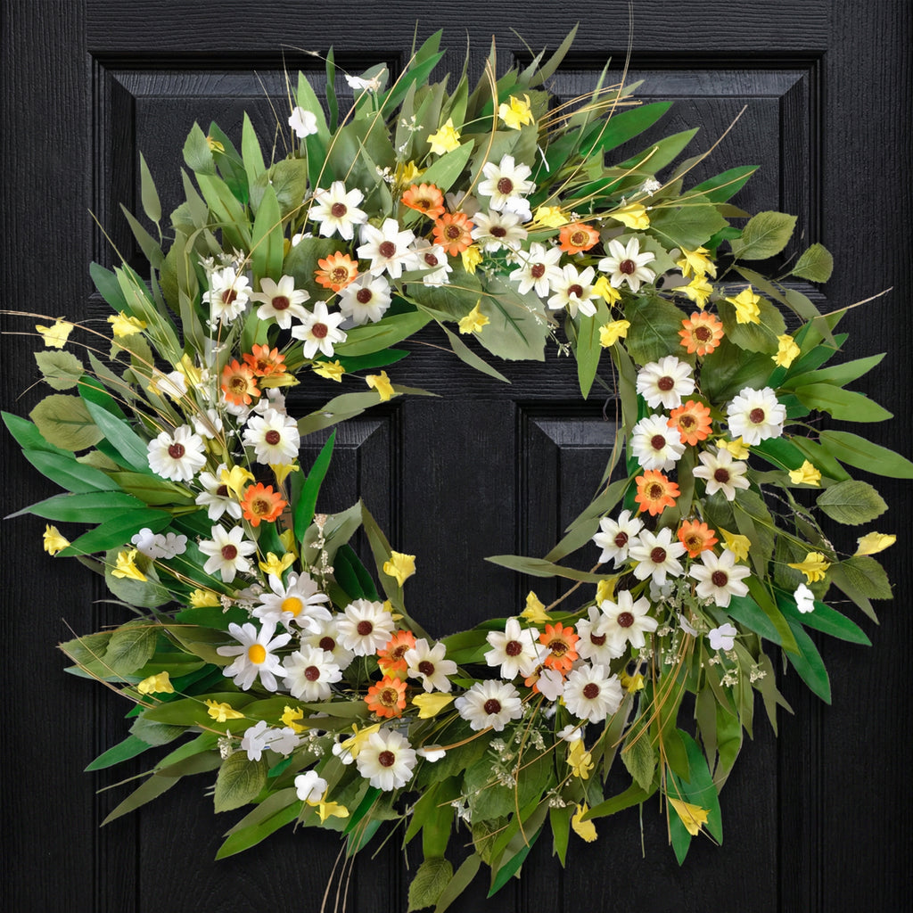 Egolot 24 Inch Greenery Wreath Eucalyptus Olive Leaves All Year Round Front Door Wall Home Decor with Vibrant Spring & Summer Floral Accents