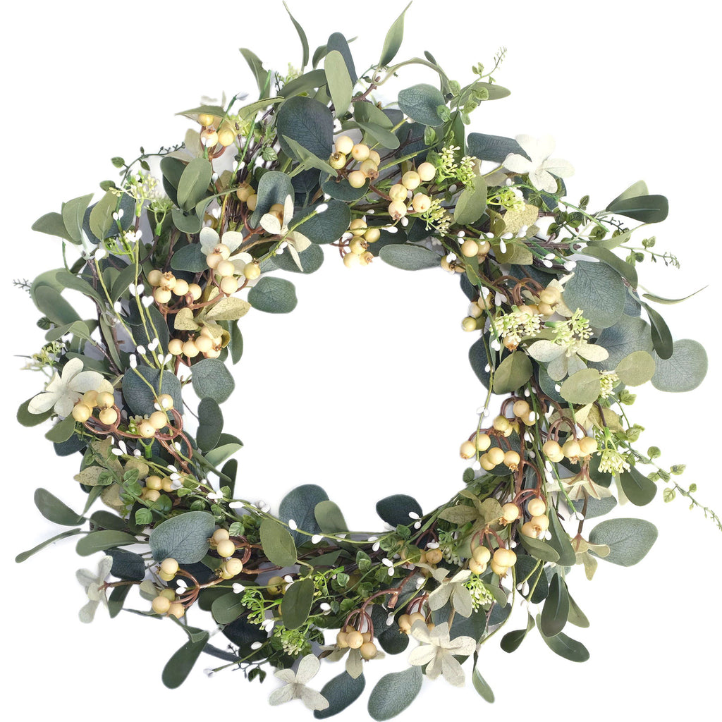 Egolot 22Inch Artificial Eucalyptus Berry Wreath Green Leaf Eucalyptus Wreaths Spring Summer Wreath for Front Door Window Hanging Wall Party Decoratio Ornaments ns 22in - Wineglass Centerpiece Artistic