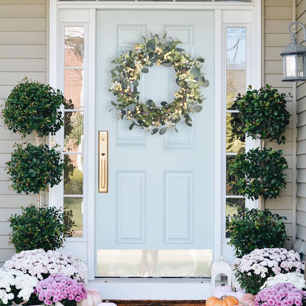 Egolot 22Inch Artificial Eucalyptus Berry Wreath Green Leaf Eucalyptus Wreaths Spring Summer Wreath for Front Door Window Hanging Wall Party Decoratio Ornaments ns 22in - Wineglass Centerpiece Artistic