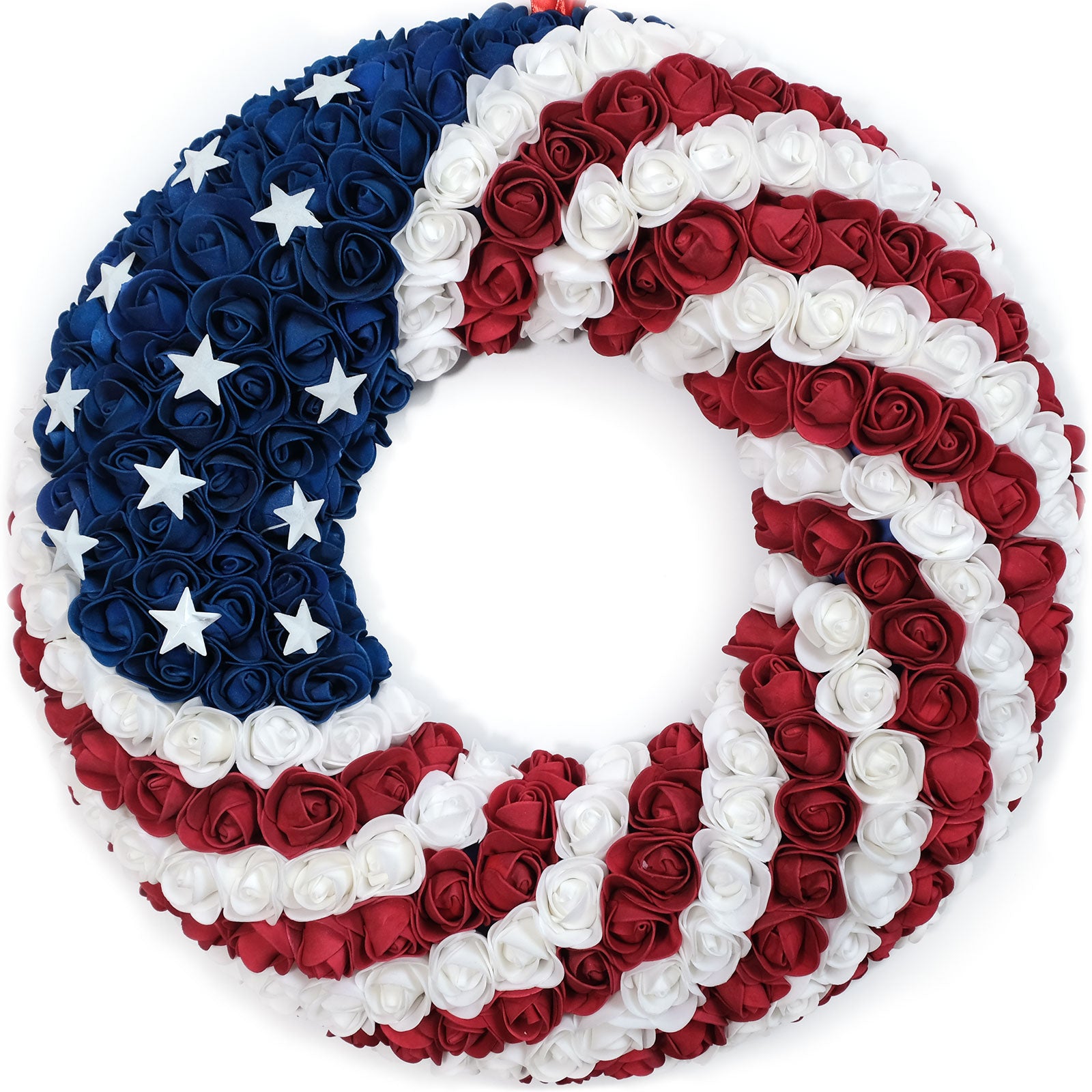 EGOLOT 18Inch Patriotic Roses Wreath 4th of July Summer Soft Touch Foam Roses Wreath for The Front Door Handcrafted Memorial Day Artificial Flowers for Indoor and Outdoor