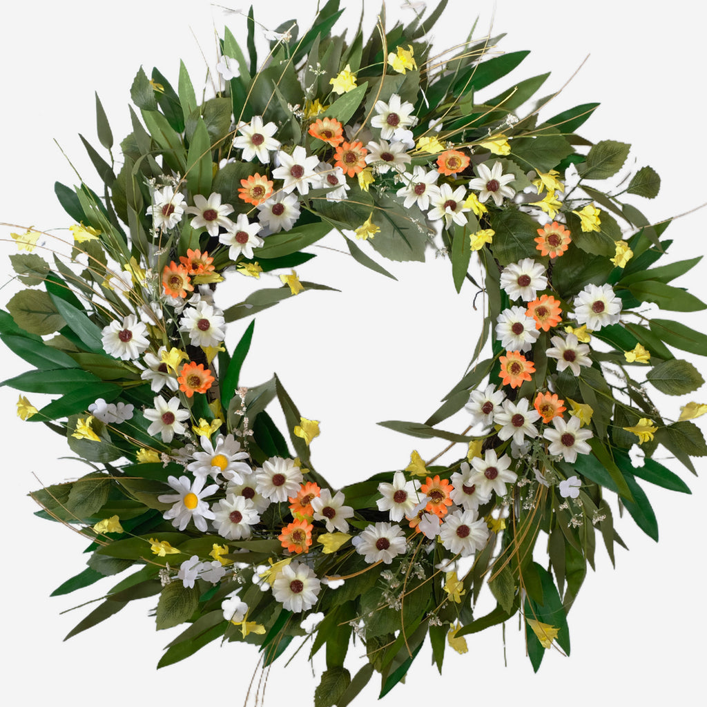 Egolot 24 Inch Greenery Wreath Eucalyptus Olive Leaves All Year Round Front Door Wall Home Decor with Vibrant Spring & Summer Floral Accents