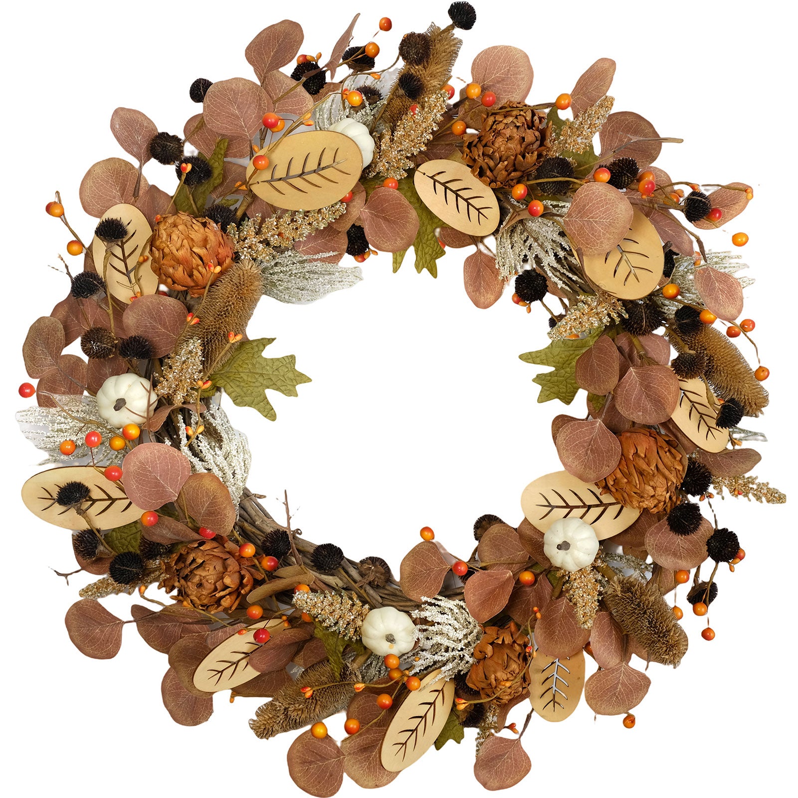 24Inch Fall Dried Flower Wreath For Front Door, Autumn Thanksgiving Day And Harvest Wreath Decorations with Pumpkins And Berries, Fall Floral Eucalyptus Leaves Wreath For Indoor And Outdoor Use