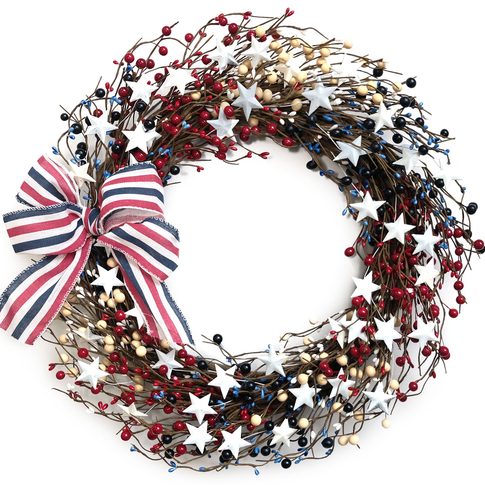 22Inch Patriotic Berry Wreath, 4th of July Summer Burlap Stripe Bow Wreath for The Front Door, Handcrafted Memorial Day Wreath for Indoor and Outdoor